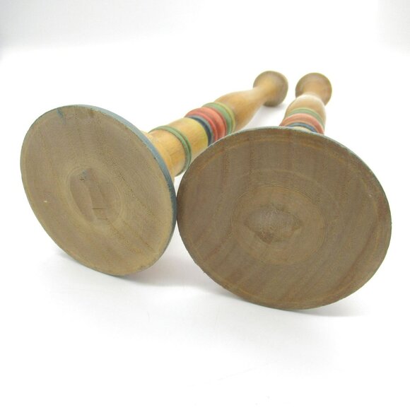 Vintage 80s Wooden Striped Hand-Turned Candle Holders Set Of 2 - Picture 7 of 9